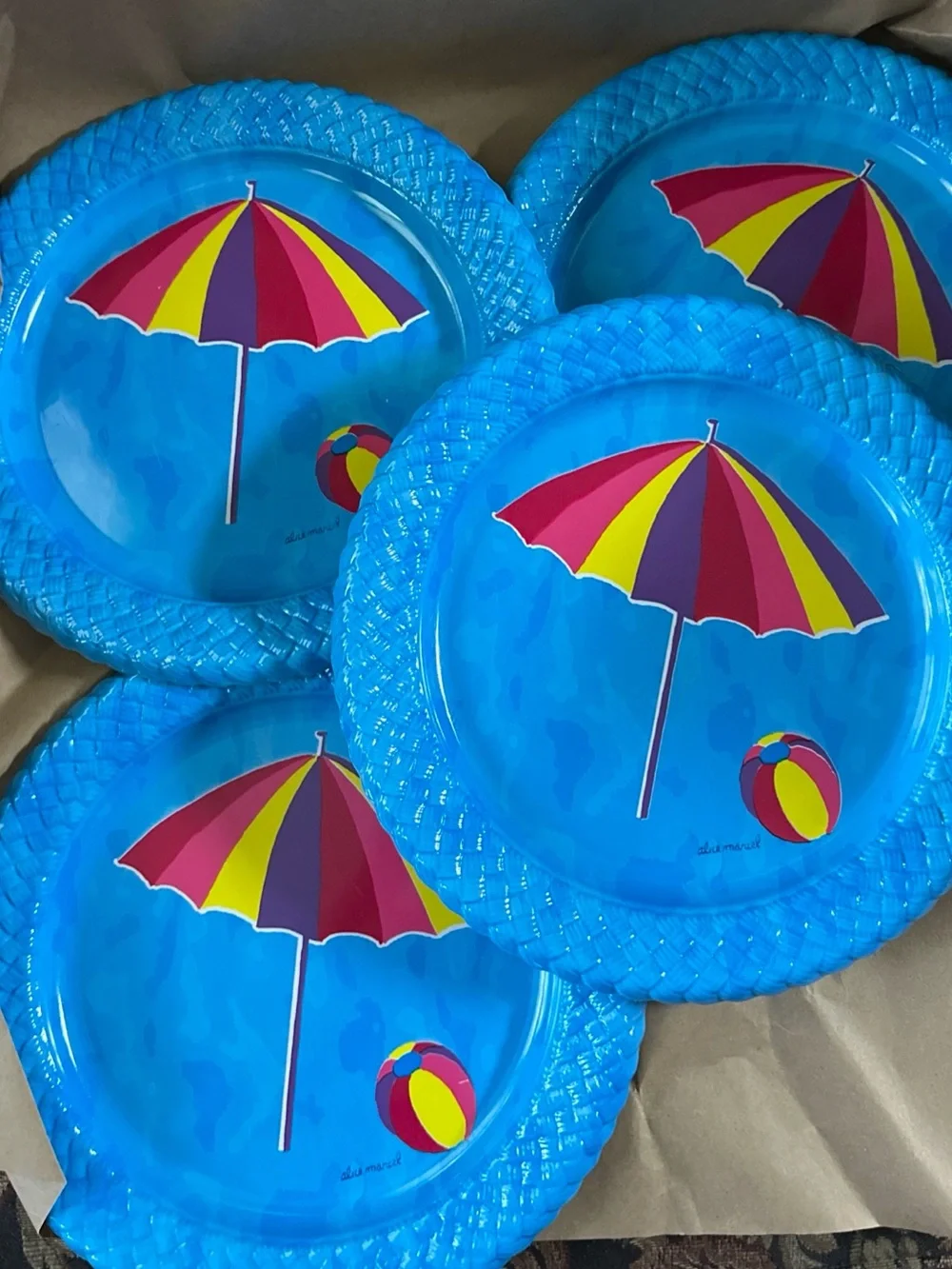 Bright Blue Beach Umbrella beach dinner plastic Plates (Set4) 11”